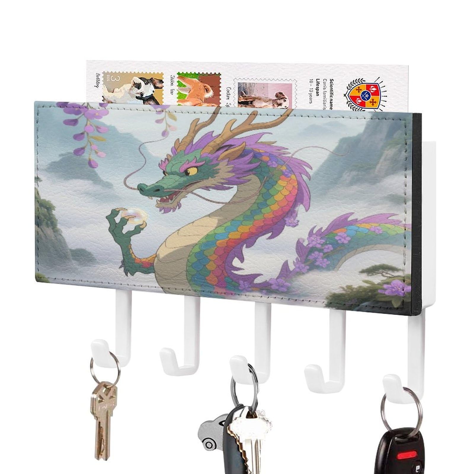 Vstadank White-Style Rainbow Scaled Eastern Dragon Key Holder Wall Mount With 5 Key Hooks Hangers For Wall Decorative Pu Mail Rack Organizer With Shelf Wall Mounted Key Rack With Hooks For Entryway