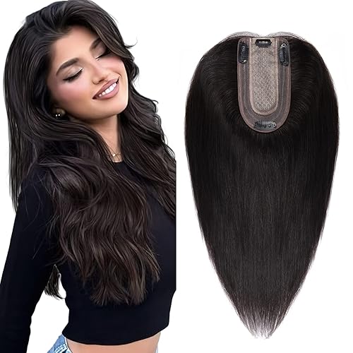 SEGO Cubrecabello humano real para mujer, sin flequillo, con clips antideslizantes (6 pulgadas, negro natural #1B, 6 pulgadas, color negro natural)