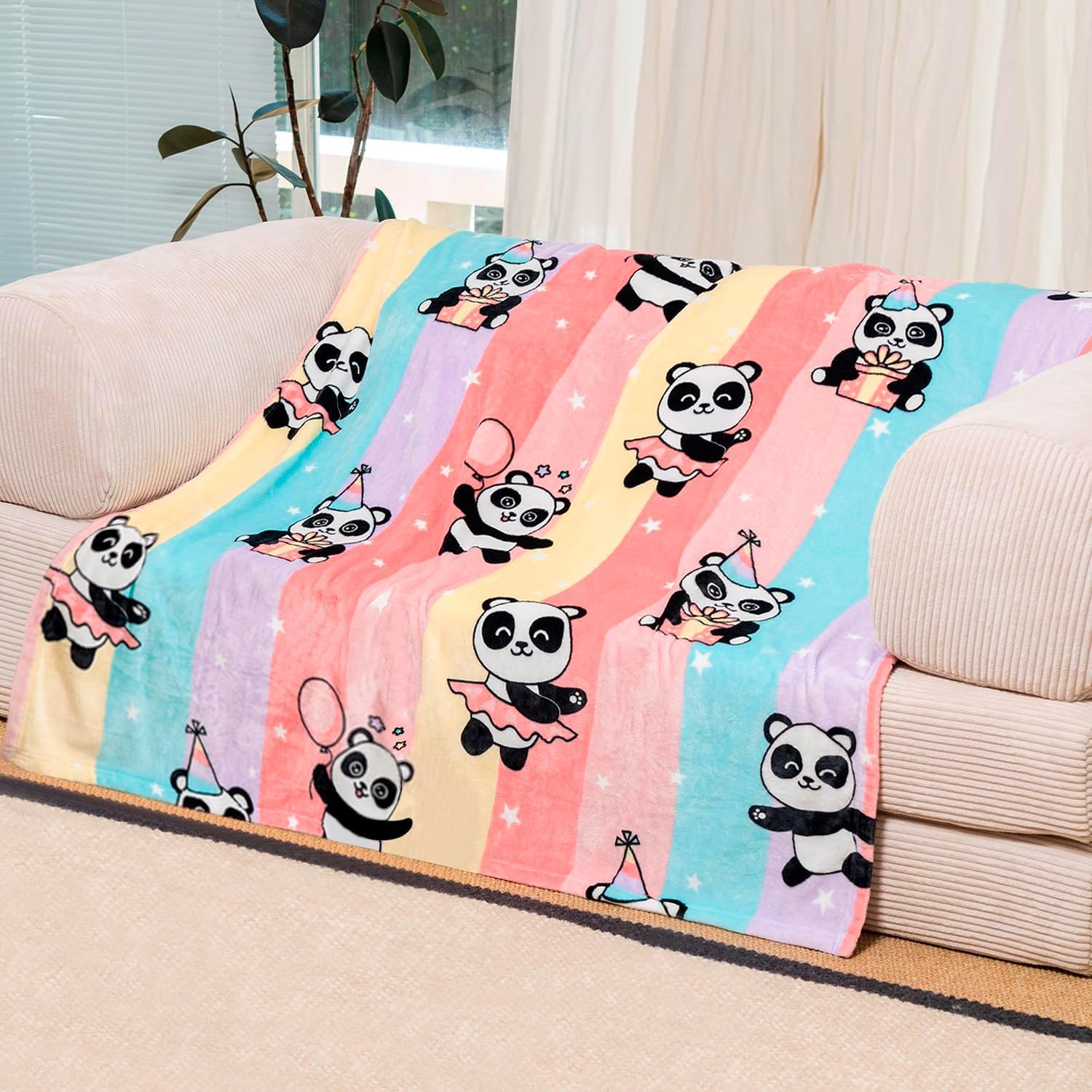 YISUMEI Panda Cuddly Blanket for Children, Colourful Rainbow Blanket, Children, Soft, Fluffy Fleece Blanket, Cartoon Interesting, Colourful Animal Cartoon Gifts for Boys and Girls