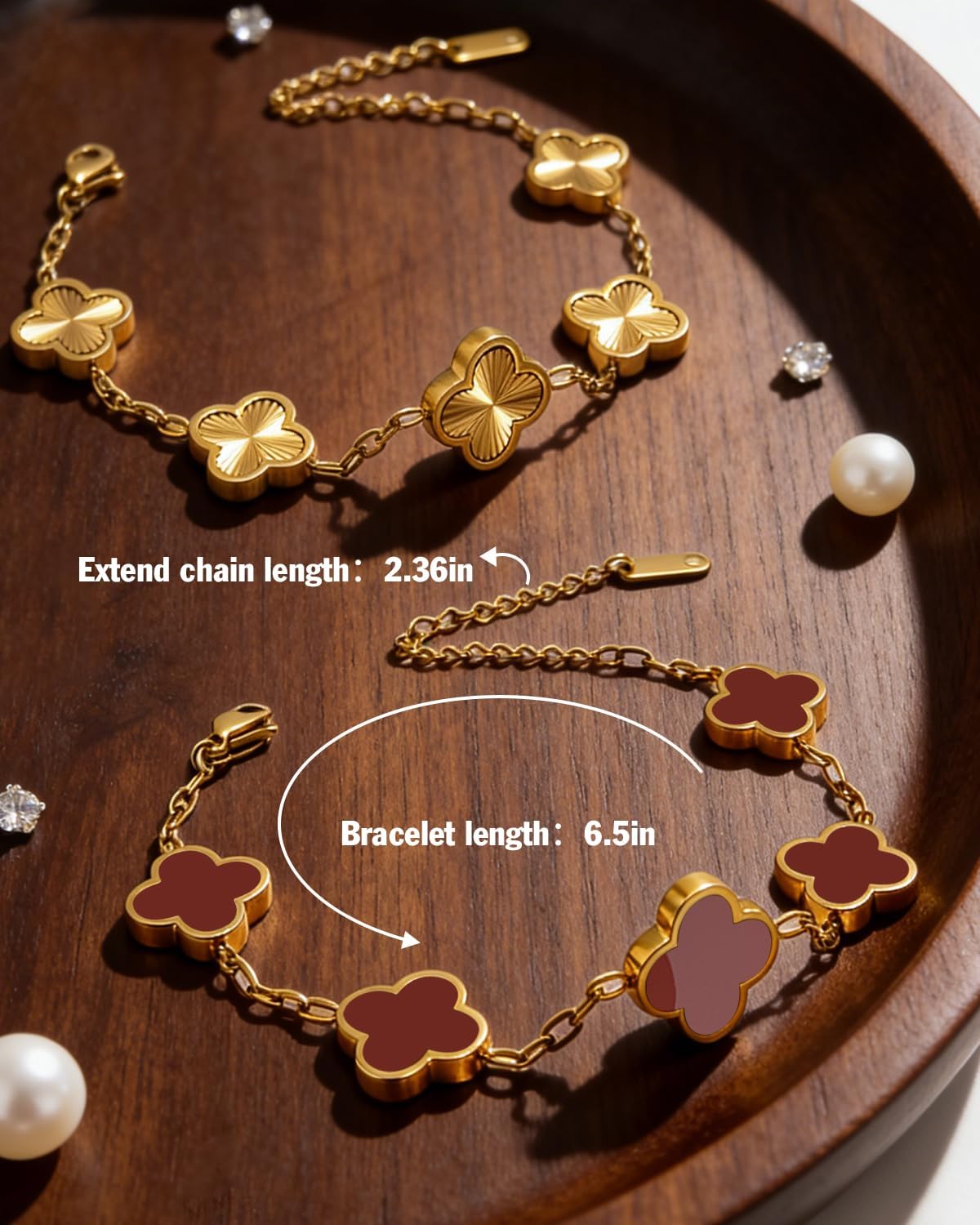 18K Gold Plated Bracelets for Women Non Tarnish, Golden/Red/White/Black Four Leaf Clover Bracelet Charm Bracelets for Women Trendy Mothers Day Gift for Her
