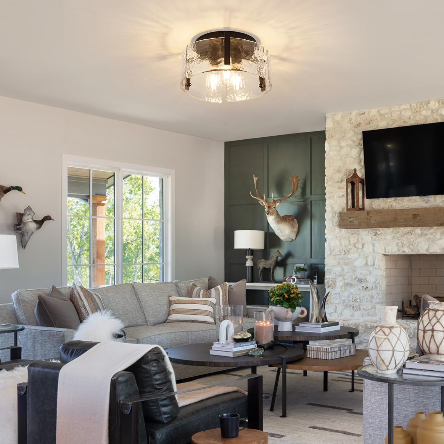 Black Semi Flush Mount Ceiling Light Fixture, Modern Glass Drum Ceiling Lights, 3-Light Hallway Light Fixtures for Kitchen Island, Bedroom, Bathroom, Laundry Room, Entryway