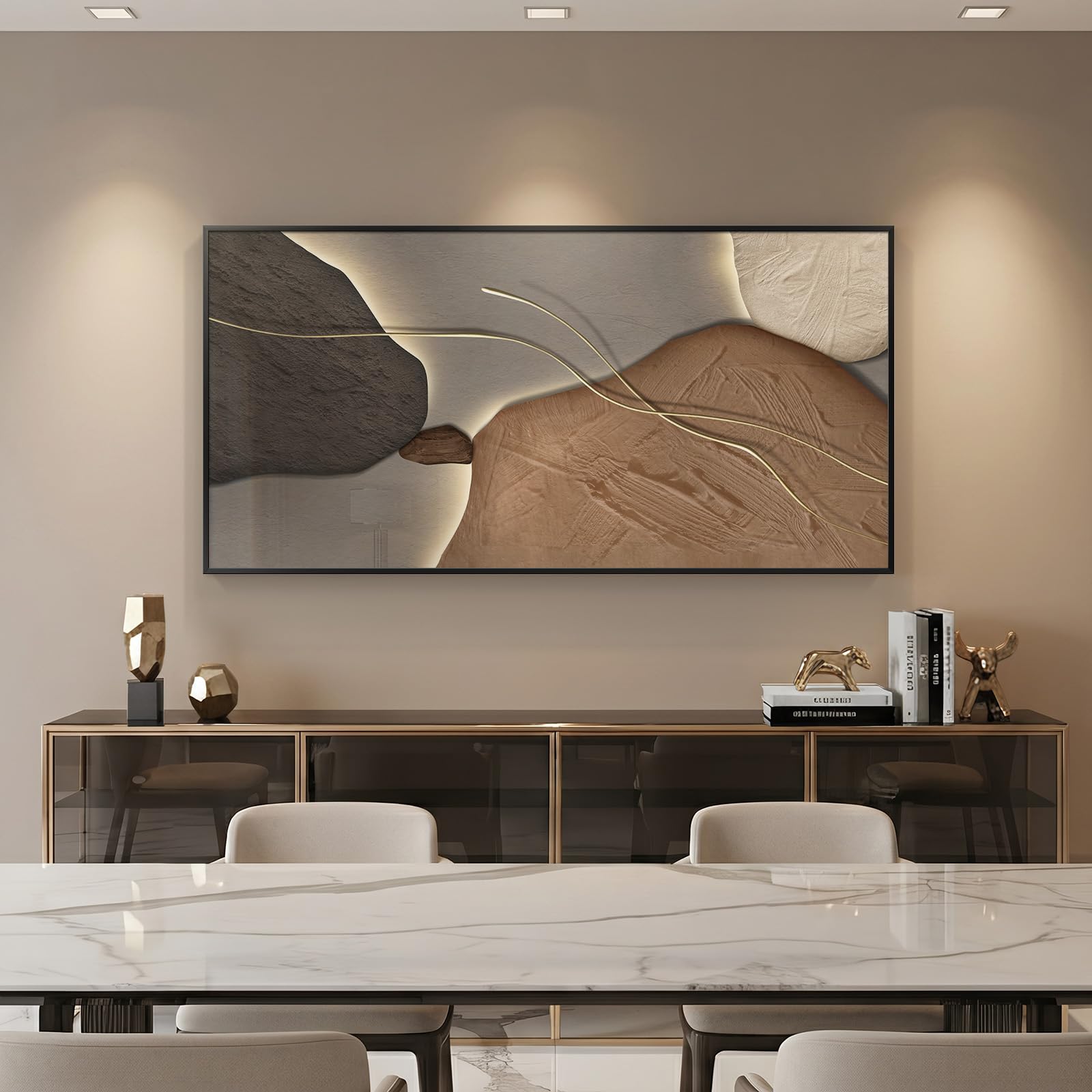 Condition photo showing New/Like New for framed abstract horizontal wall art for living room, extra large brown and tan modern artwork for walls, contemporary elegant picture prints paintings for bedroom dining room wall decor, 56x28 inch