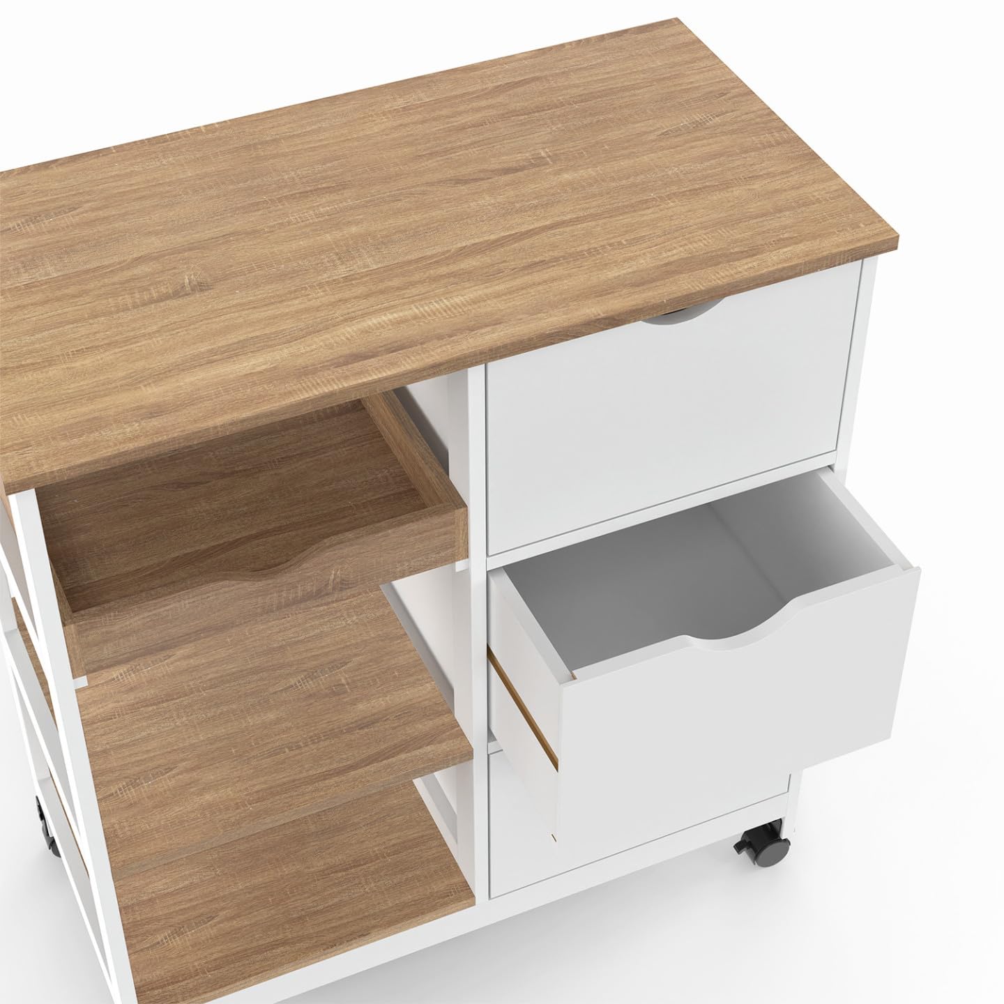 IDMarket - Carrito de cocina MUNA 3 cestas + 1 bandeja extraíble blanca y efecto haya L.76 cm