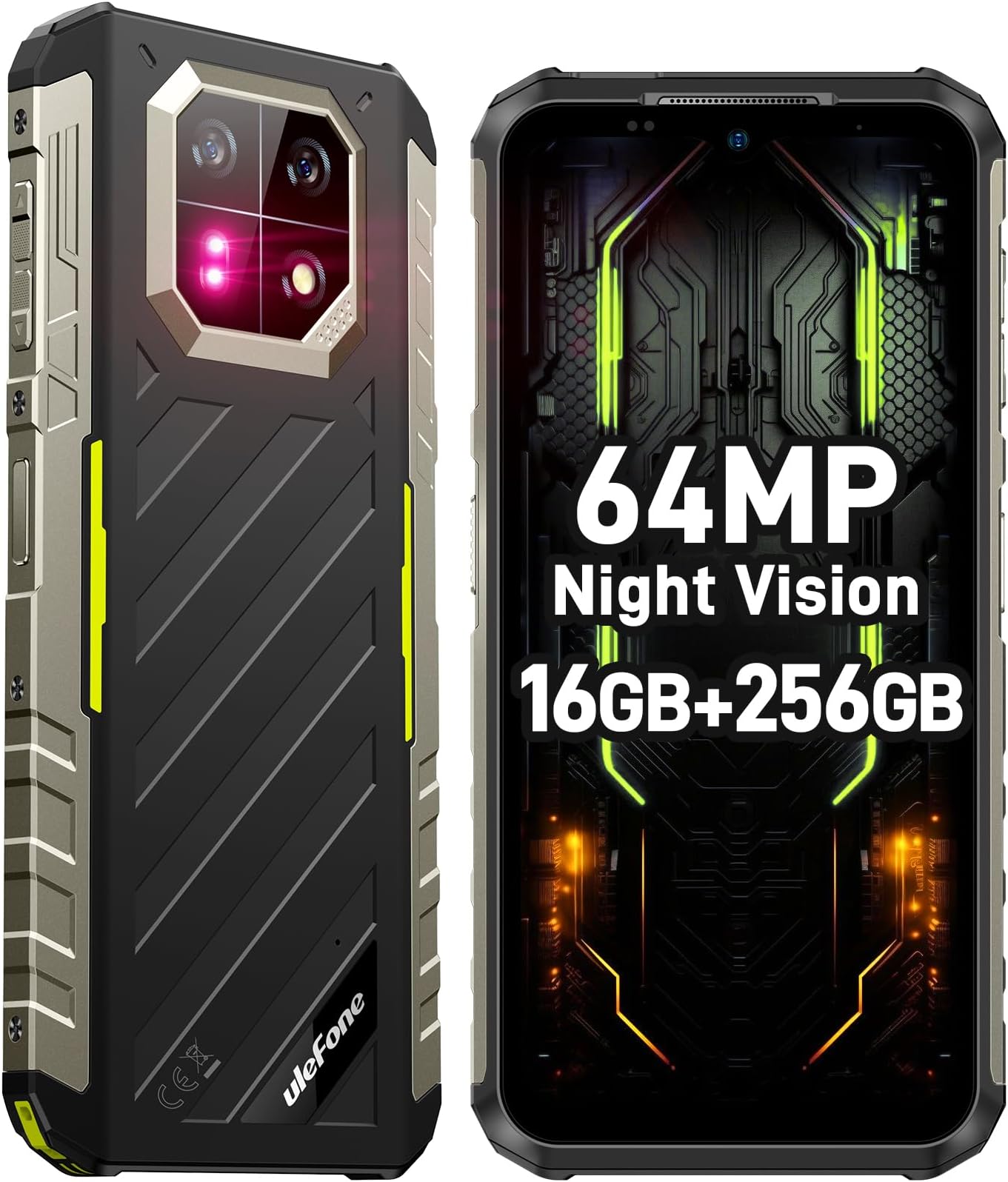 Ulefone Armor 22 (16+256GB) Rugged Smartphone, 64MP Night Vision Camera + 64MP Wide-Angle Camera, Android 13 Unlocked Cell Phone, 6.58 FHD+, 120Hz, 6600mAh, IR Blaster, NFC 4G Dual Sim- Some Green
