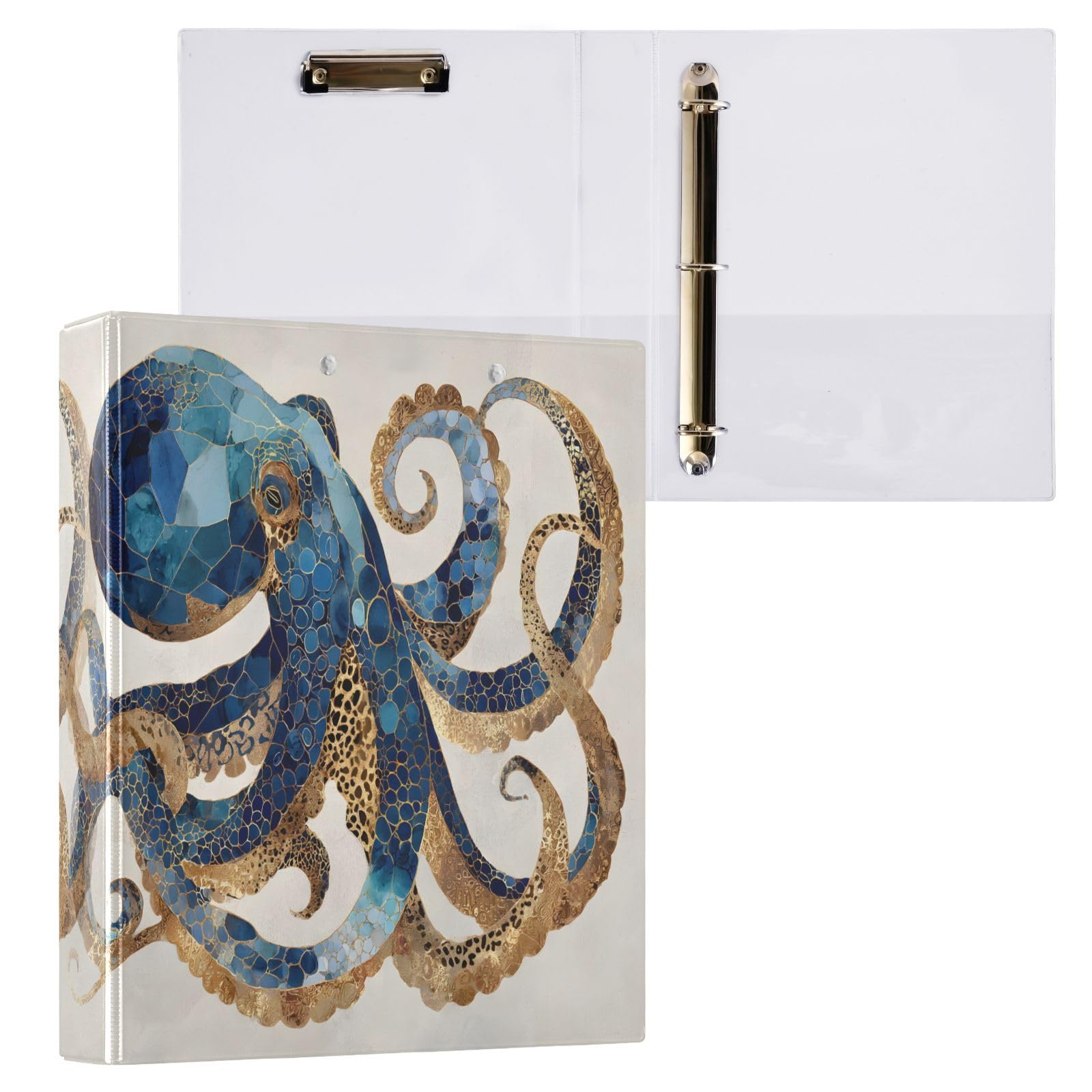 Raccoglitore a 3 anelli blu a forma di polpo da 3,8 cm, contiene 200 fogli, 3 raccoglitori ad anelli con clip in metallo antiscivolo