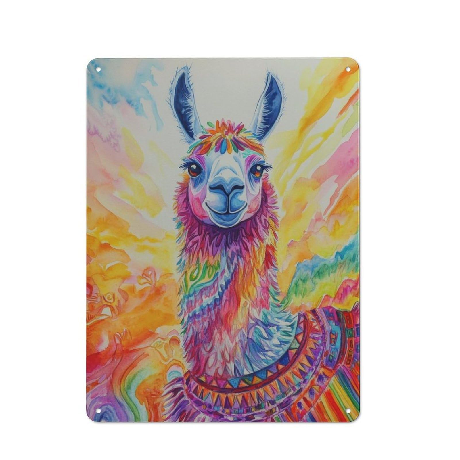 Junmoney Rainbow Llama Watercolor 40X30cm Rustic Metal Sign With For Hobby Room Or Studio, Metal Sign Decor For Hobby Rooms And Studios