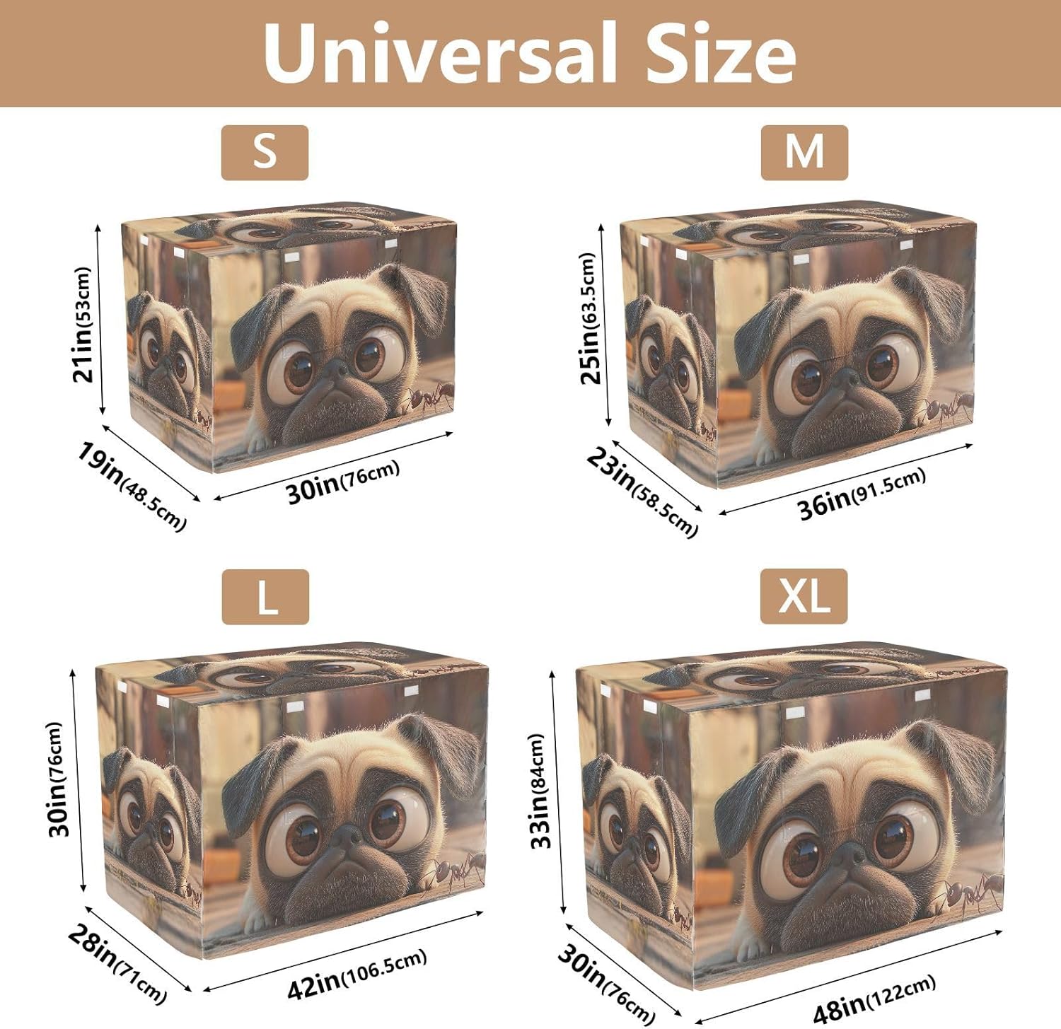Cute Pug Dog with Big Eyes Dog Crate Cover Roll-up Side Panels, Cage Cover for Puppies Training, X-Large