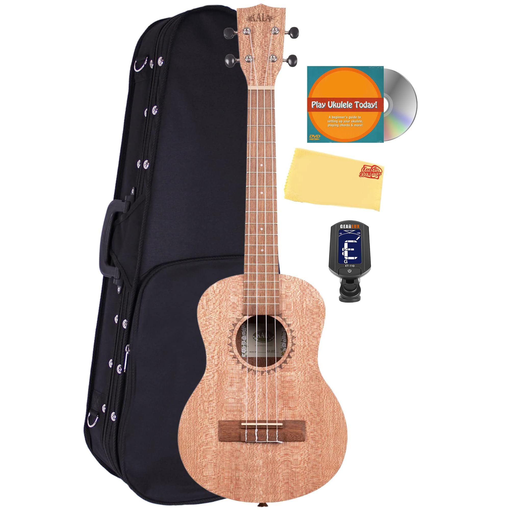 Kala KA-20T Burled Meranti Tenor Ukulele Bundle with Hard Case, Tuner, Austin Bazaar Instructional DVD, and Polishing Cloth