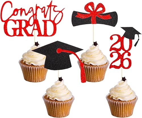 Graduation Cupcake Toppers 2026 Graduation Theme Cupcake Toppers Glitter 2026 Grad Cap Congrats Grad Diploma Cupcakes Toppers 24 PCS For 2026 Graduation Cake Decorations Supplies Red