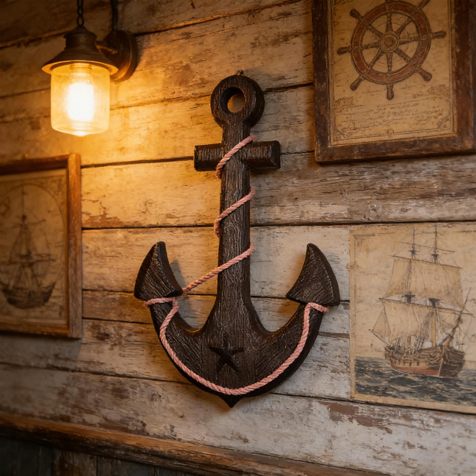 Qaixwuyi Retro Holz Anker Wanddeko mit Seil Nautische Maritime Dekoration 45x32cm Braun Strand Thema Dekoration Antik Stil Tür Hängeornament für Haus Bar Badezimmer
