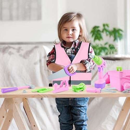 Miniatura 7 de Juego de herramientas para niños, juego de herramientas de juguete rosa para niñas con taladro eléctrico, martillo, cepilladora, chaleco de trabajo,