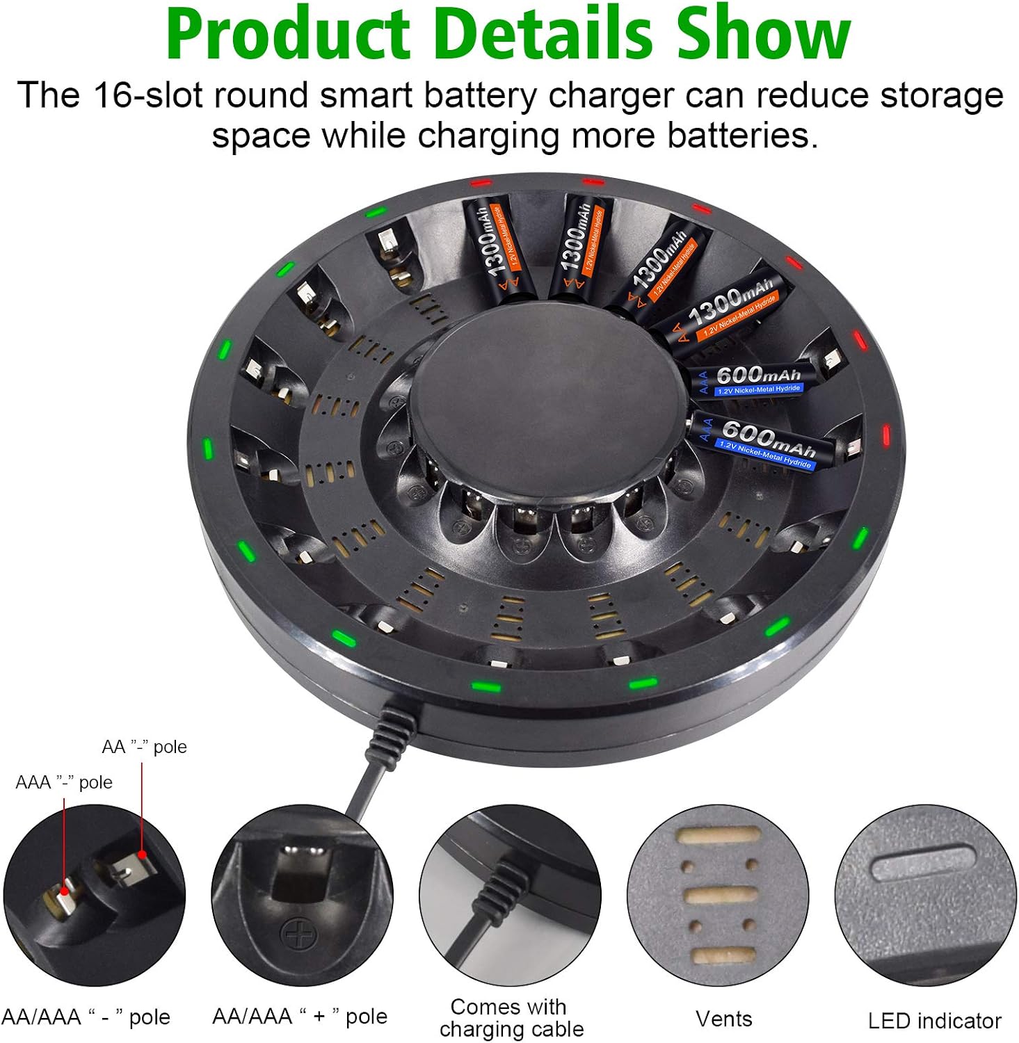 16 Bay AA AAA Battery Charger (Updated, High Speed Charging) with Smart LED Light and Plug, for NIMH NICD Rechargeable Batteries and More