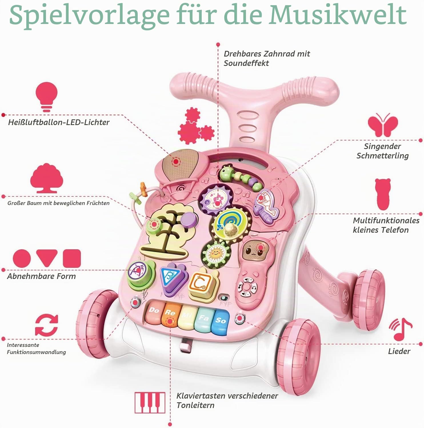 HOMCENT Lauflernhilfe für Mädchen, Laufhilfe Baby, Verstellbarer Baby Speed Walker Schiebe Walker, Früherziehungs Aktivitätszentrum im Sitzen und Stehen, Rosa