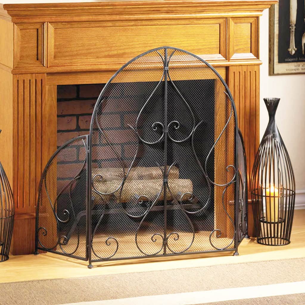Schermi per Caminetti di Guardia Ferro battuto Tri-Fold Camino Separè con Net ignifugo casa Spark schermata del pannello decorazioni Guardrail Retro 33.4 pollici Accessori per Caminetti in Rete Decora