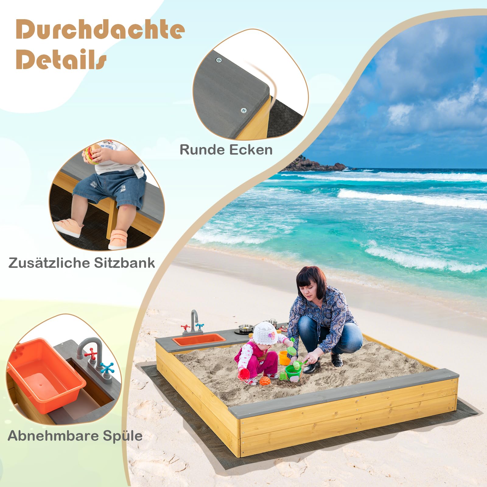 DREAMADE Sandkasten 135 x 125 x 20 cm, Outdoor-Sandkiste aus Tannenholz mit Bodenauskleidung & 9 Kochutensilien, kreativem Kochbereich & Sitzbank, Sandkasten groß für Hinterhof, Strand, Garten