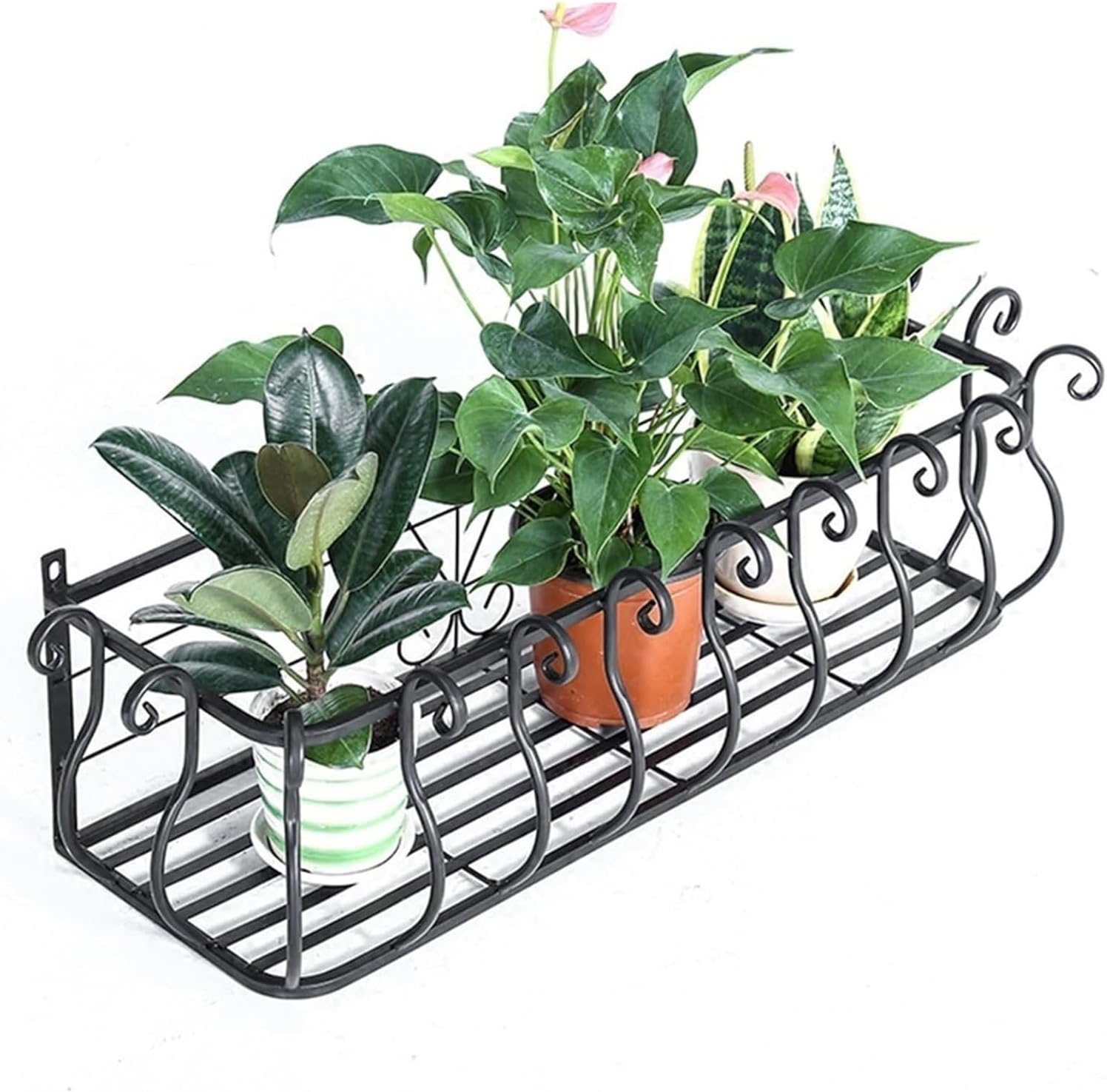 Black Railing Planter - Versatile Fence & Balcony Flower Shelf, Round & Square Hanging Stand for Window Sill & Potted Plants, 60x28x22cm, Ideal for Garden Decor