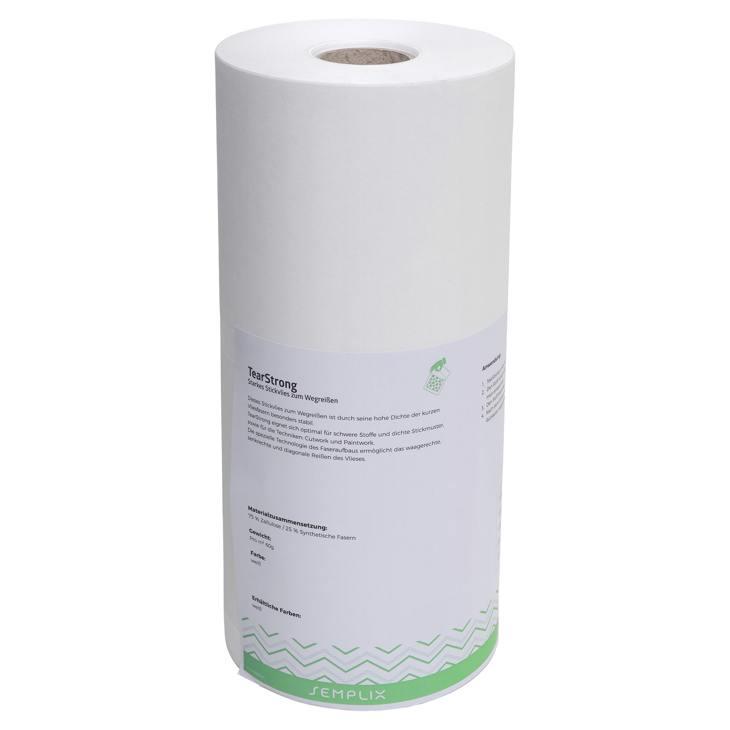 SEMPLIX Tear-Strong mocna włóknina do haftowania – do odrywania ciężkich materiałów i gęstych wzorów haftu (biała, 50 cm x 100 m)