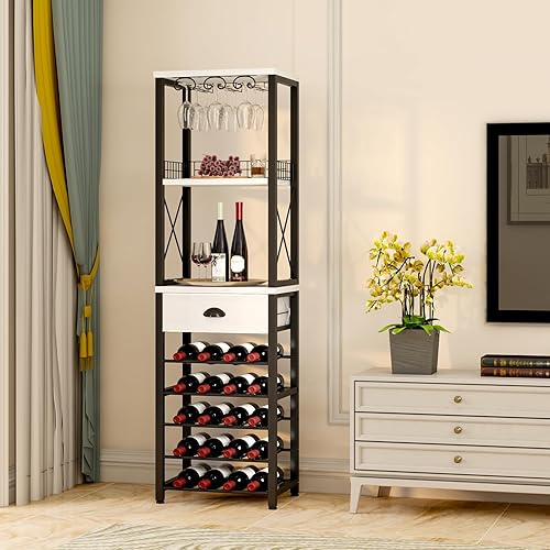 Miniatura 5 de Homeiju Estante de vino independiente para piso, gabinete de bar para licor y vasos, gabinete de barra de 4 niveles con mesa, soporte para vidrio,
