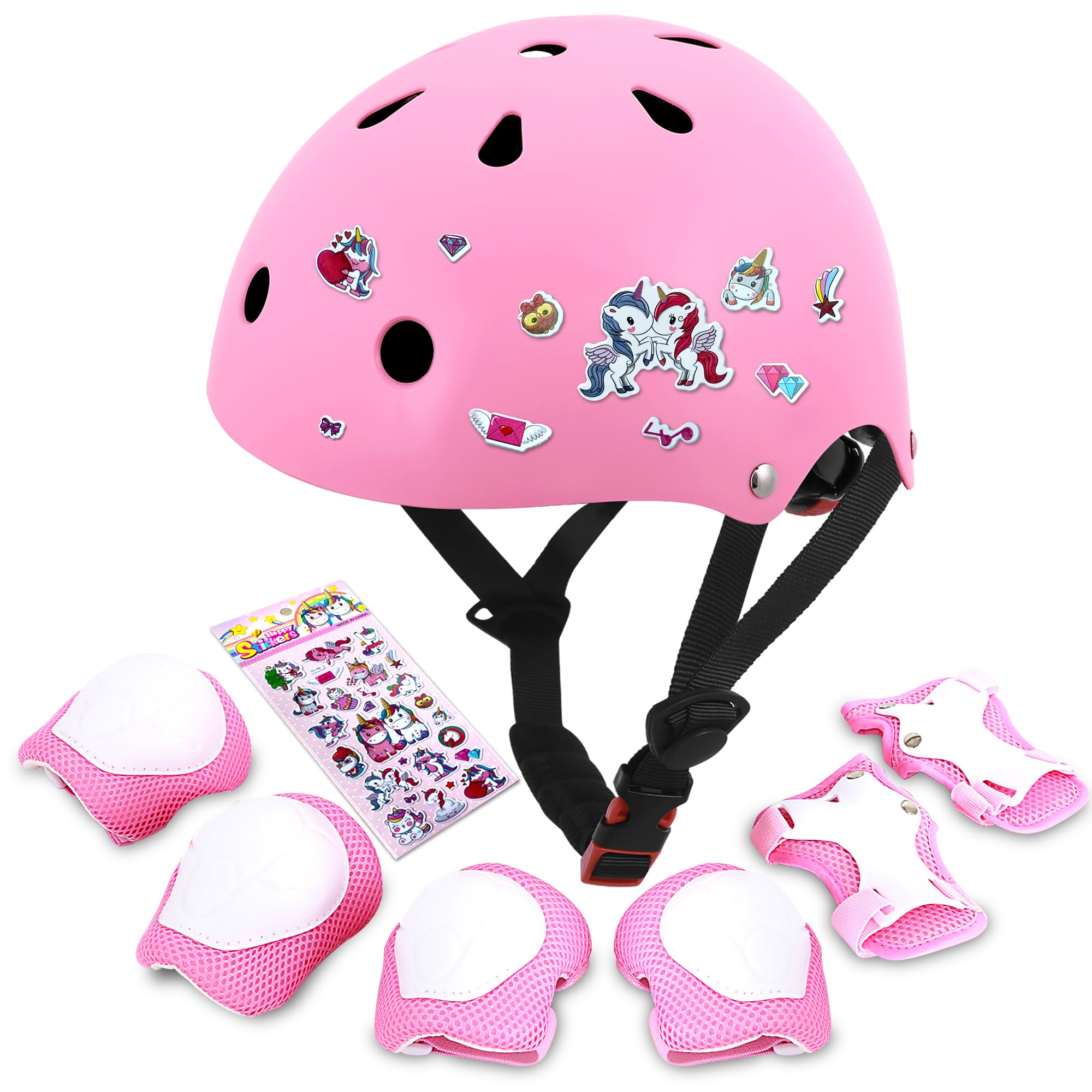 Kids Bike Helmet with DIY Stickers and Knee Pads Elbow Pads Wrist Guard Set for Ages 3-8-14 Toddler Boys Girls Helmet for Roller Skates Cycling Skateboarding Bicycle Scooter