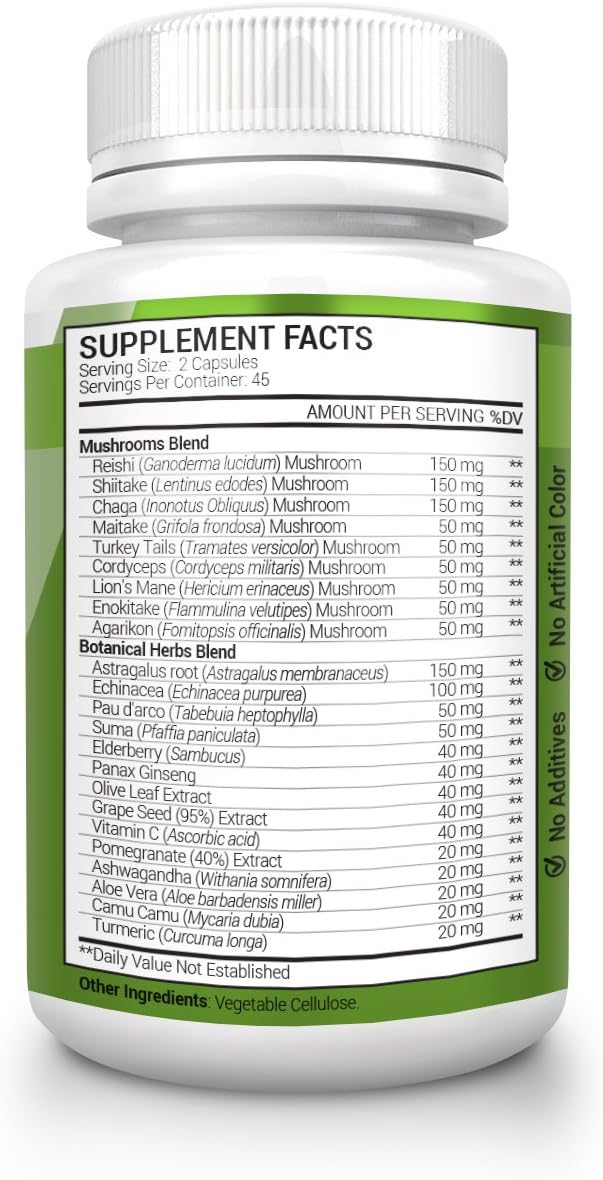 Immune System Supplement with Shiitake, Maitake, Turkey Tail, Agarikon, Lions Mane, Reishi, Chaga and Cordyceps Mushrooms for Daily Immunity Health Support, 90 Veggie Caps