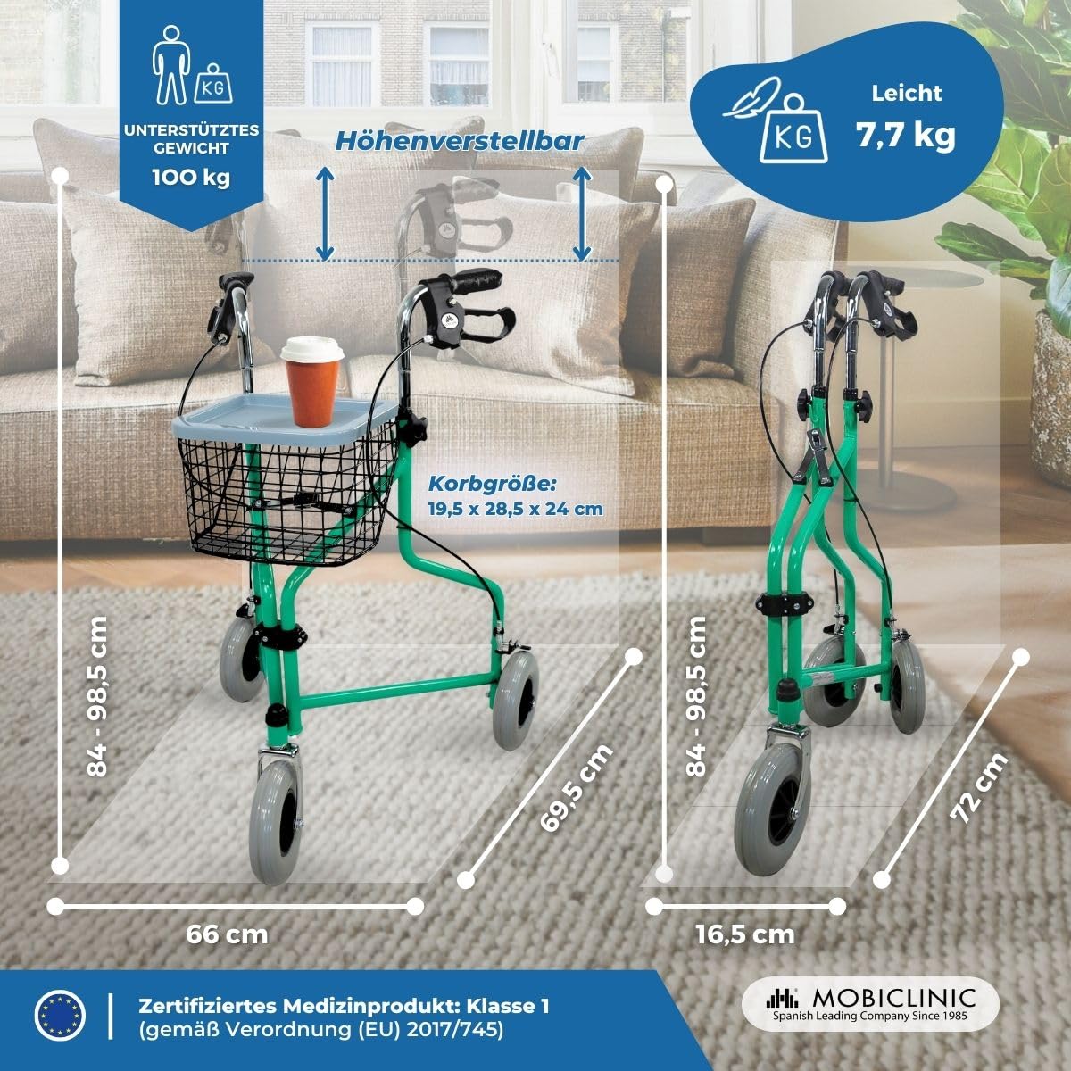Mobiclinic®, Rollator mit 3 Rädern, Faltbar, Höhenverstellbare, mit Korb, Tasche und Handbremsen, Leicht, Gehhilfe für Senioren, Grün, Caleta