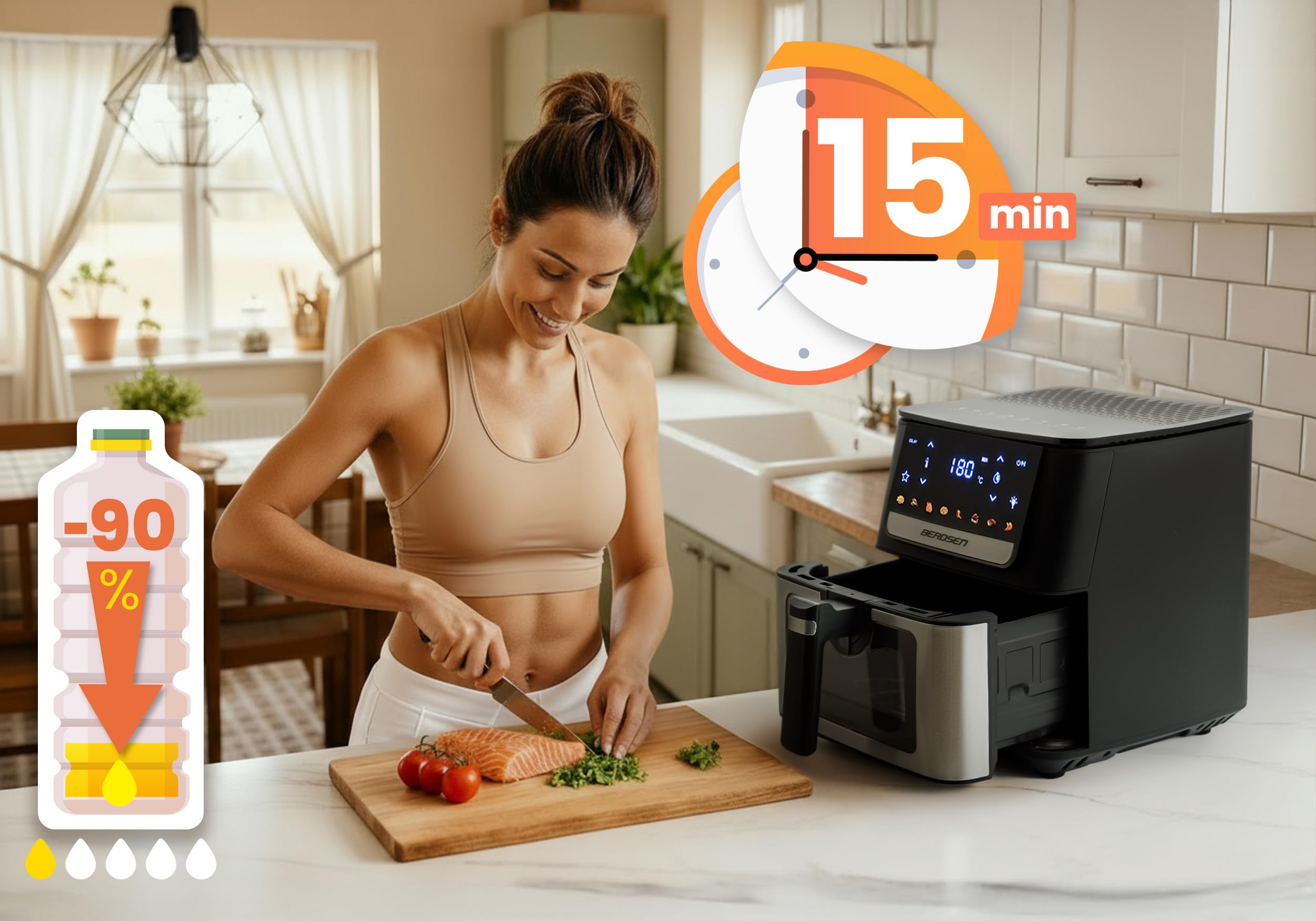 Berdsen Friggitrice ad aria calda XL, 6,5 l, con finestra e touchscreen, 1700 W, 8 programmi, lavabile in lavastoviglie