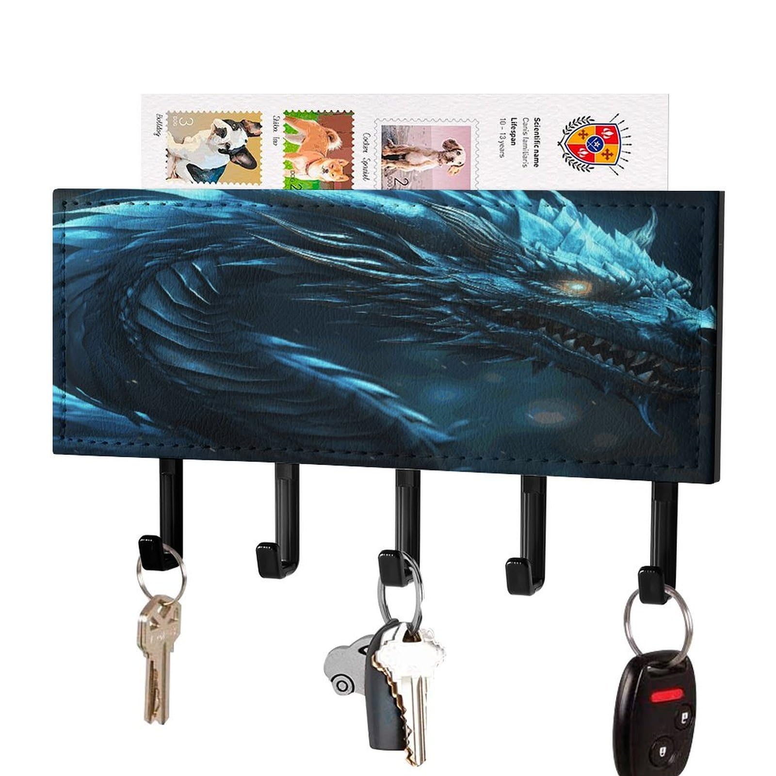 JTREHY Cyan Dragon Key Holder Wall Mount Decorative Key and Mail Holder PU Leather Adhesive Key Organizer Hanging Key Hooks Wall Shelf with 5 Hooks for Entryway Hallway Office
