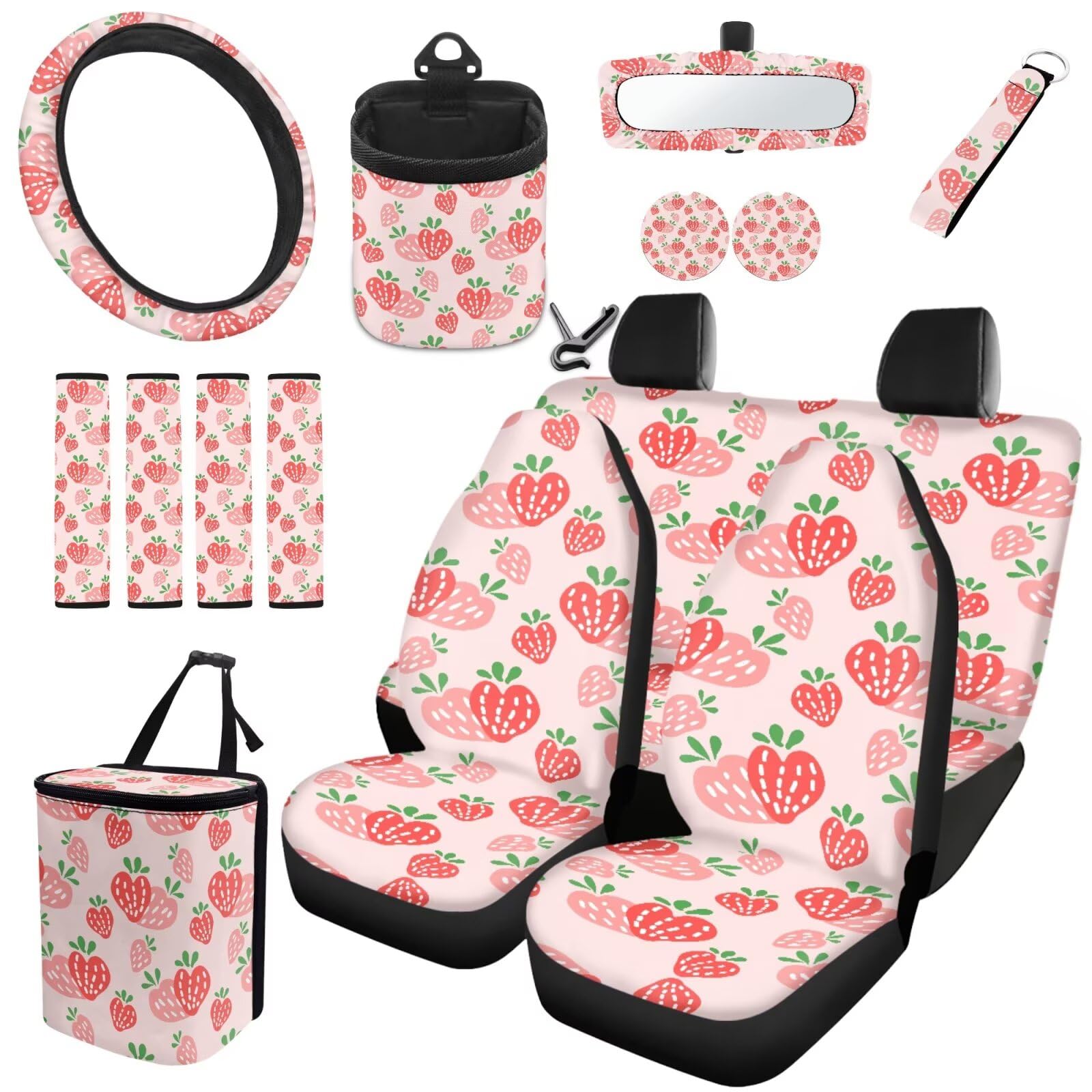 Set completo di coprisedili per auto rosa fragola con coprivolante da 38,1 cm, pattumiera, cinture di sicurezza, portabicchieri, copertura per specchietto retrovisore, tasca per bocchetta