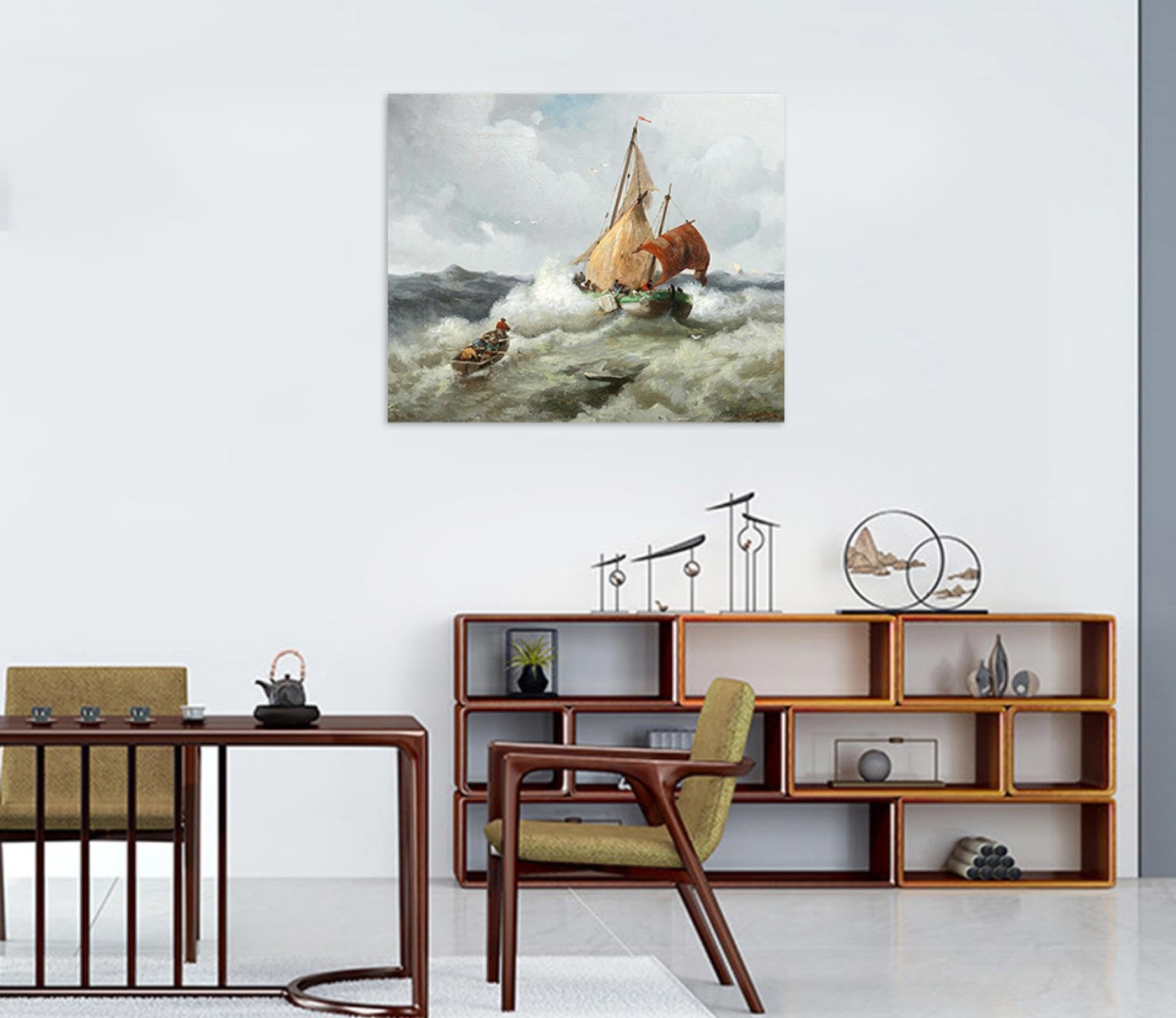 LXURY Adof Kafmann Tableau Murale sur Toile-Cadre en Bois Tableaux D'art Célèbre-Reproductions Impression sur Toile-Affiche Décoration Murale-Pêcheur in mer agitée 50x60cm20x24inch Encadrée
