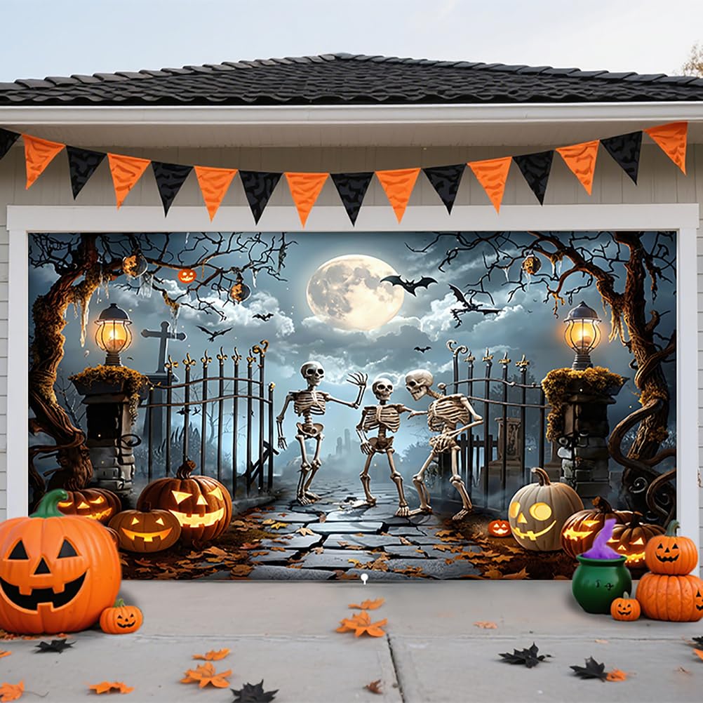 ZFFLYH Halloween Garage Door Cover, Large Hanging Garage Door Banner Backdrop Horror Halloween Wall Decorations for Outdoor Indoor Home House Party,Night Skeleton,6.5 * 5FT