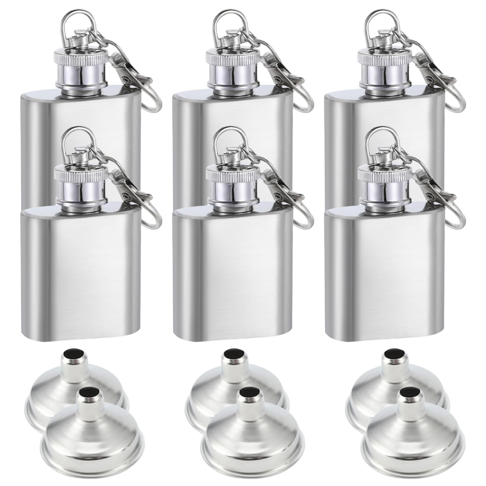 6 Stück 30 ml Mini-Edelstahl-Flachmann mit Trichter, tragbarer Taschen-Flachmann mit Schlüsselanhänger, kleine Metall-Whiskey-Flasche, Weinflasche für Männer und Frauen, Likör, Hochzeiten