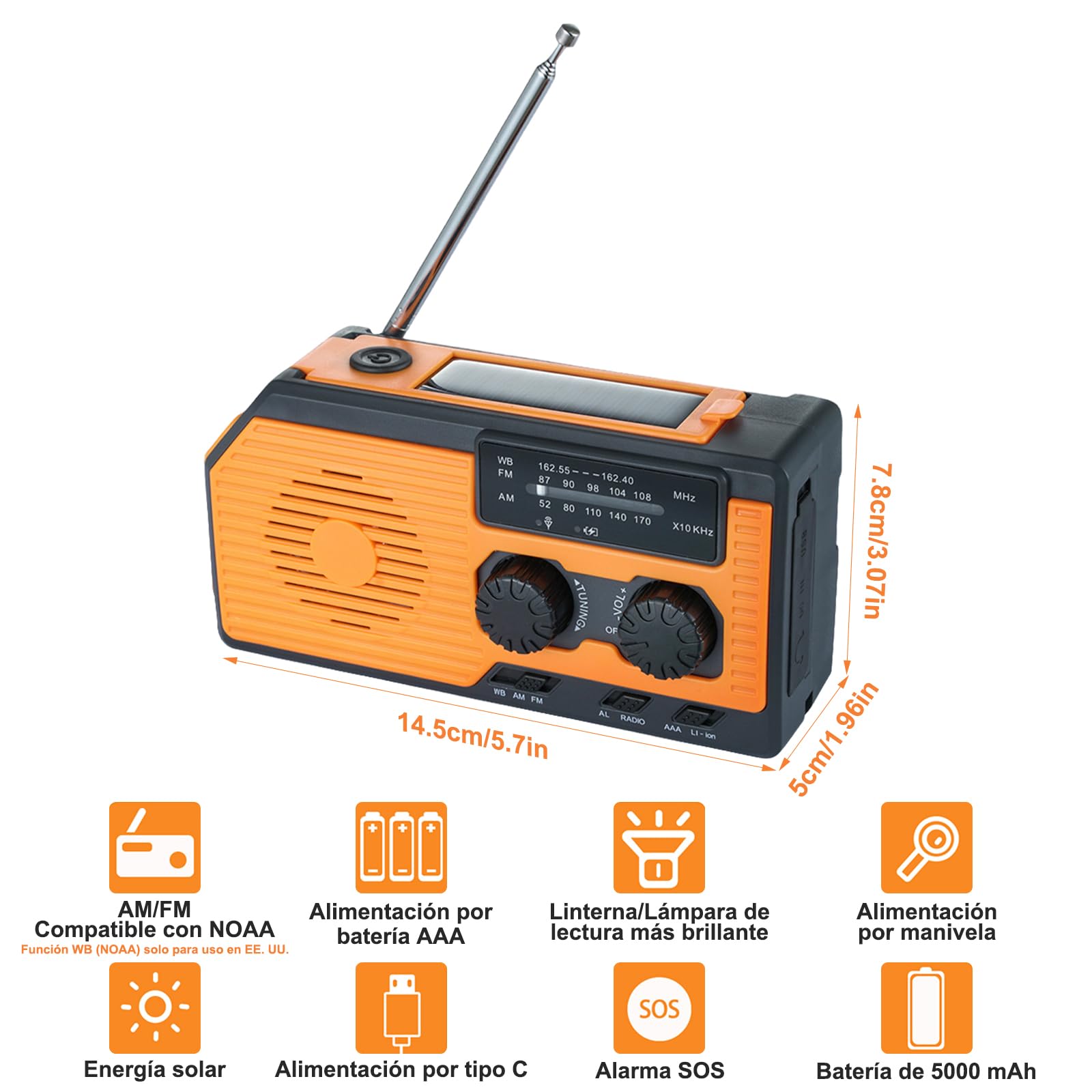 Radio de Emergencia de 5000 mAh, Radio Multifuncional con Manivela Am/FM/WB NOAA, Linterna LED y Power Bank para Camping y Senderismo
