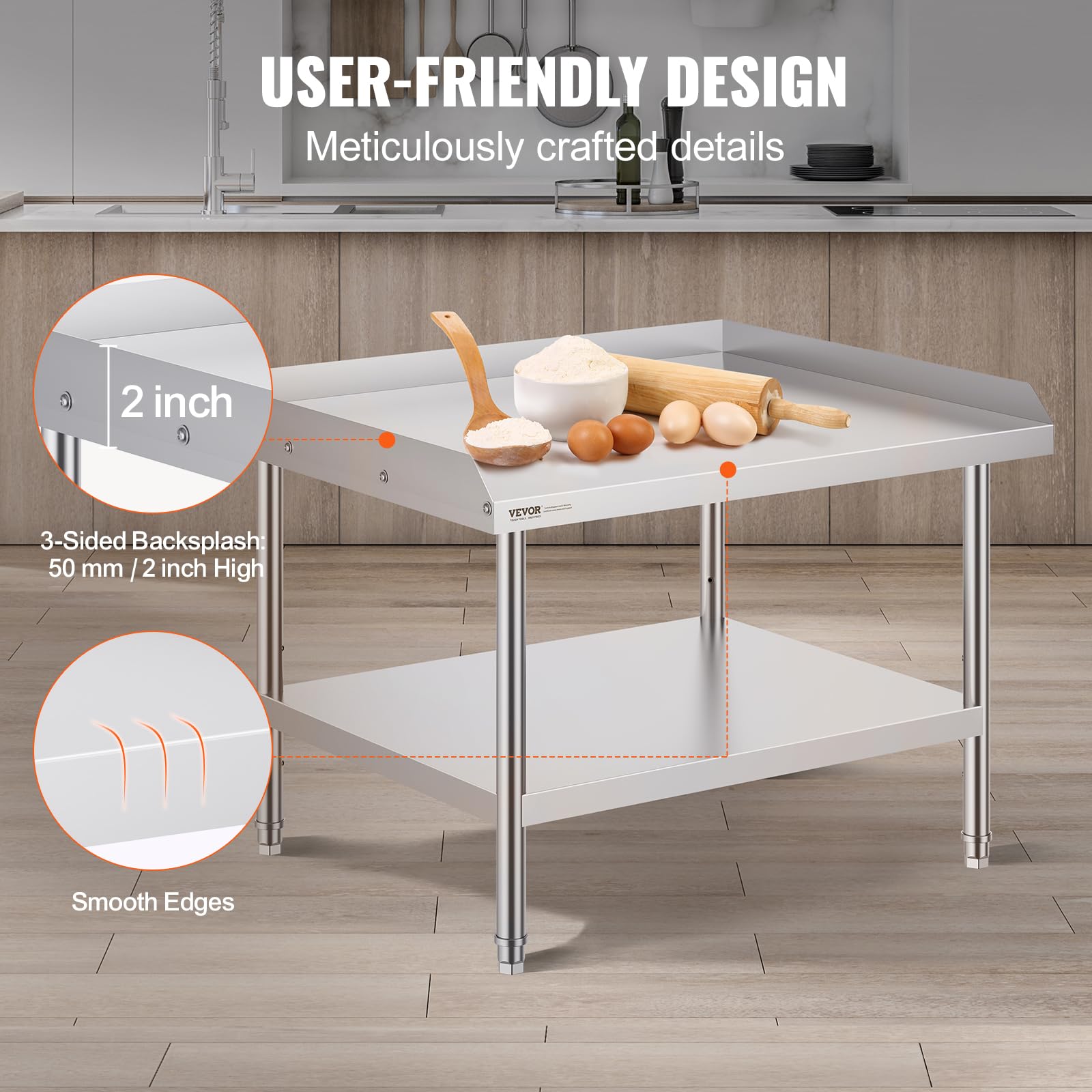VEVOR Tavolo da Lavoro in Acciaio Inossidabile 762 x 914 x 660 mm Tavolo da Lavoro Commerciale per Preparazione degli Alimenti con Alzatina su 3 Lati, con Altezza Regolabile per Casa Ristorante Hotel