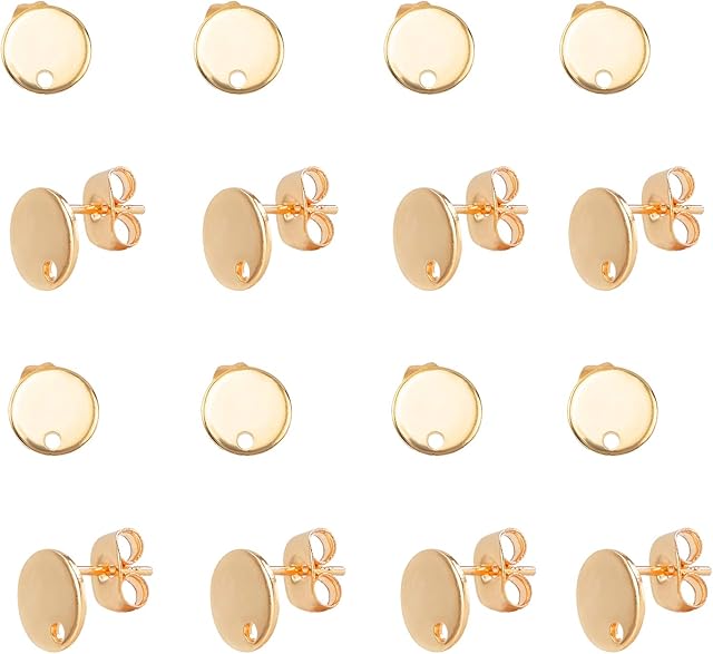 UNICRAFTALE 50 Pairs Golden Stainless Steel Blank Stud Earring Posts Backs 8mm Flat Pad Butterfly Earring Stoppers DIY Earring Components Ear Studs for Jewelry Making 8x0.8mm Hole 1.2mm, Pin 0.8mm