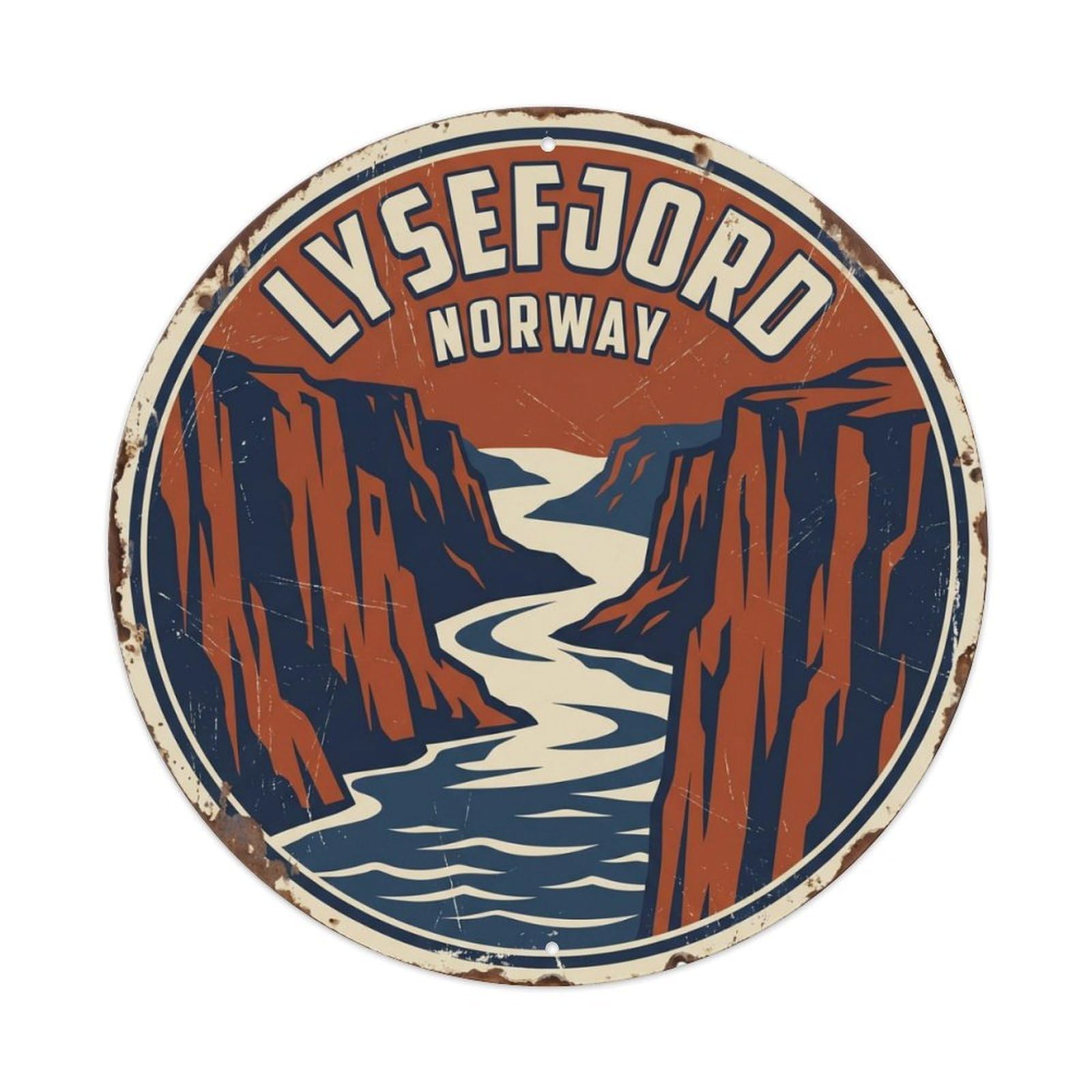 Vintage Travel Lysefjord Norway Cliff Metal Tin Sign Plaque Wall Decor for Cafe, Club Bar, Office, Home Garden Round Metal Poster 8x8Inch