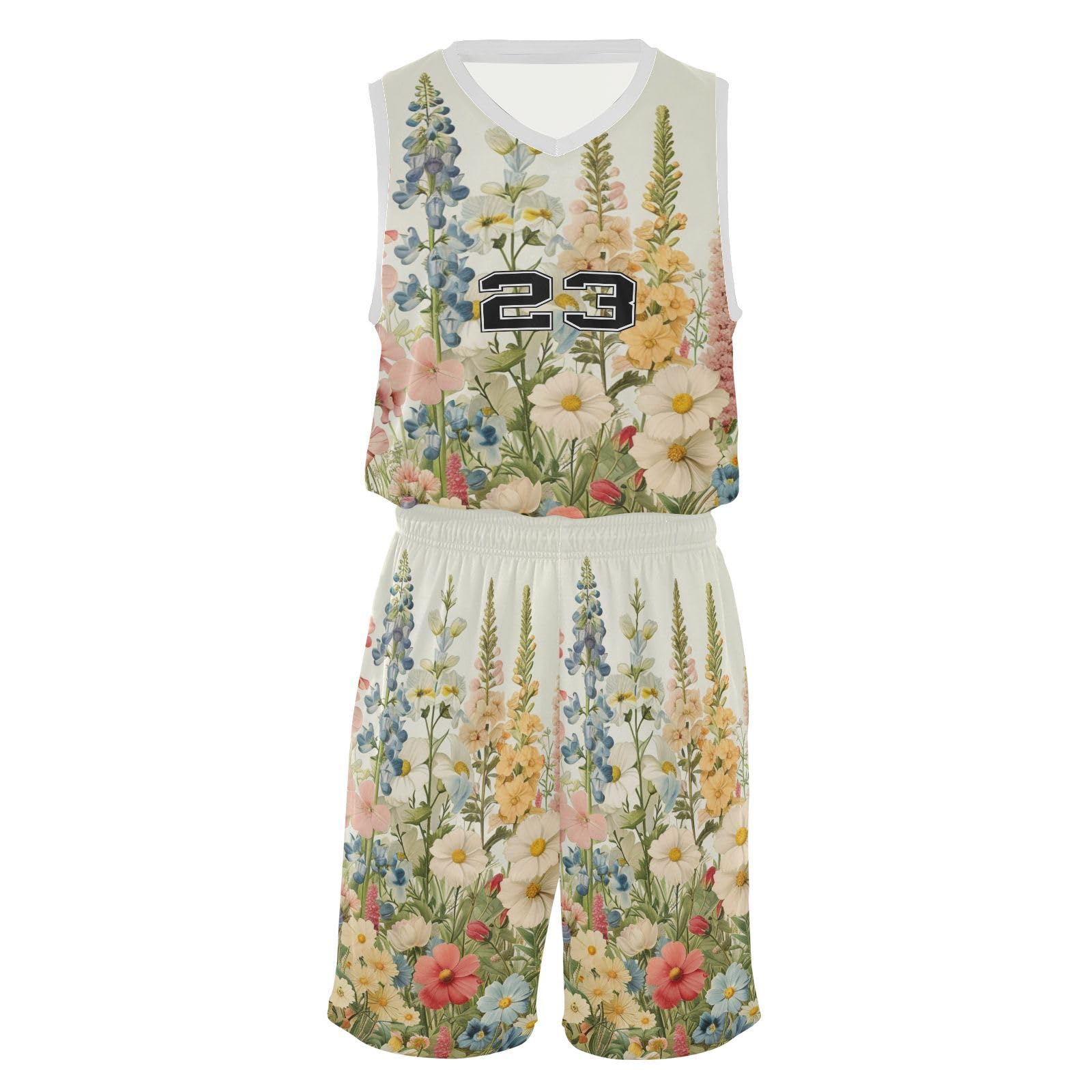 FLildon Spring Elegant Flowers Boys Basketball Jersey Set Tank Top Shorts Tracksuit Sport Training Suit for Kids, XXL