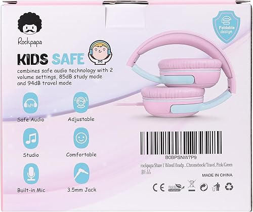 Miniatura 9 de rockpapa Share 1 Auriculares para niños con cable con micrófono y puerto compartido, 85dB94dB volumen limitado, lindo plegable estudiantes niños