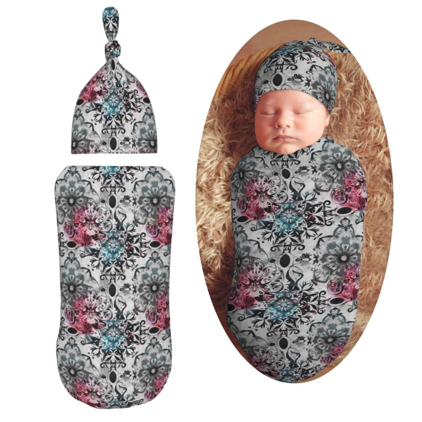 Vintage Mandala Newborn Swaddle Blankets Hat Sets Soft Baby Receiving Blanket Swaddle Sack for Baby Shower Infant Boy Girl Gift