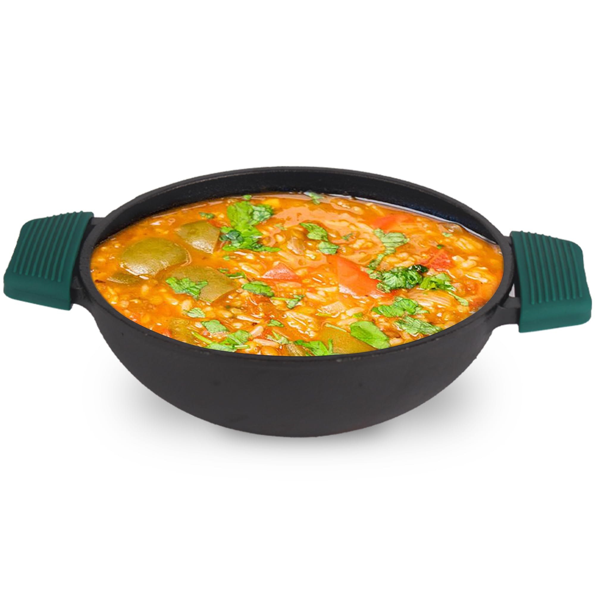 The Indus Valley Super Smooth Cast Iron Kadai with Flat Handles & Silicon Grip | Medium, 25.4cm/ 10Inch, 2.5Ltr, 2.4kg | Naturally Nonstick, 100% Pure & Toxin-Free, No Chemical Coating