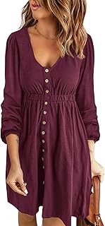 Casual Fall Dresses for Women 2025 Long Sleeve Button Down Crew Neck Empire Waist A Line Mini Short HOCO Dress