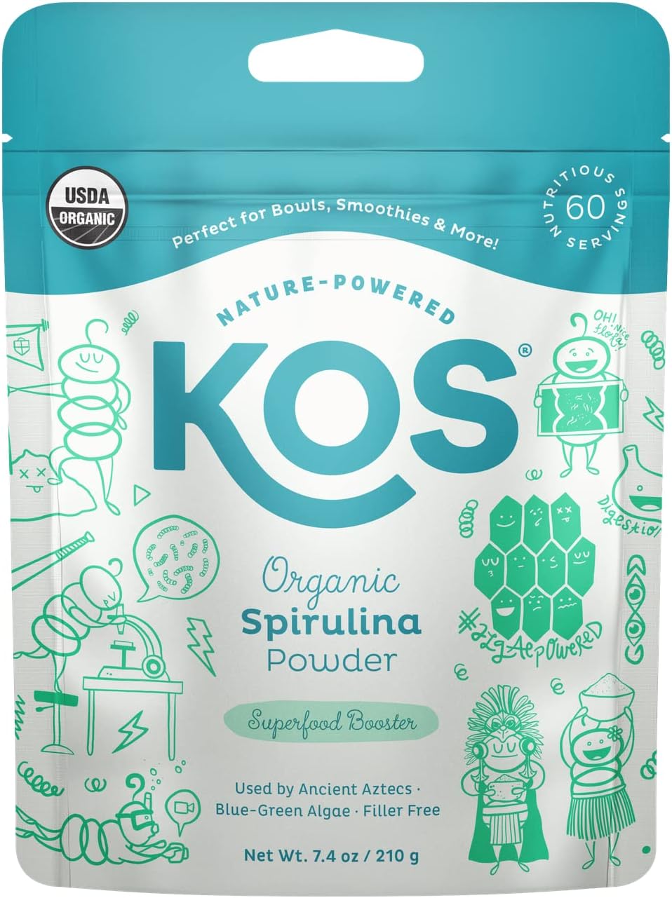 KOS USDA Organic Spirulina Powder, Natural Taste 100