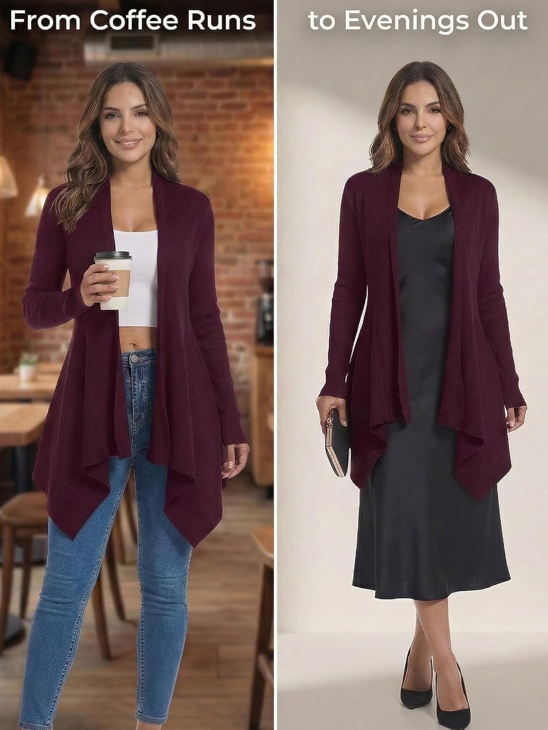 Women’s Open Front Draped Cardigan, Ribbed Knit Long Sleeve Asymmetrical Hem for Dresses Business Casual Layering