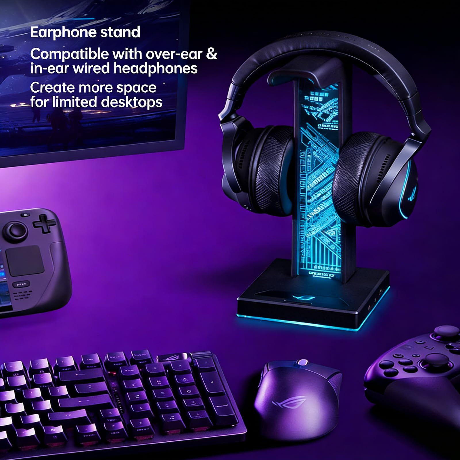 Support de casque de jeu avec éclairage RVB, support de casque LED avec 2 ports USB et ports audio de 3,5 mm, 10 modes d'éclairage pour tous les écouteurs