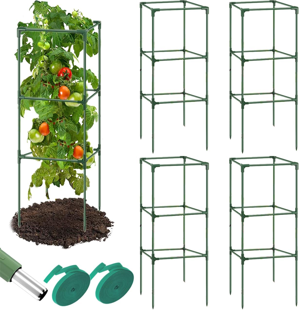Megidok 5 Pack Tall Square Tomato Cages for Garden, 47″ Heavy Duty Tomato Trellis for Raised Garden Bed, Tomato Cages Plant Stakes for Climbing Vegetables Plants Fruits with 33ft Ties