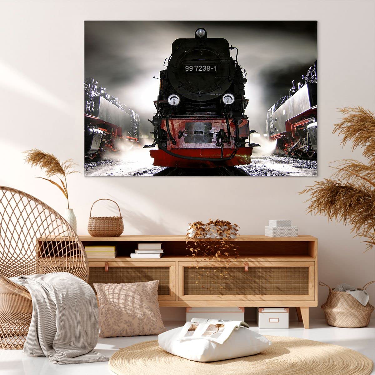 Cuadro Decorativo De Lienzo - Locomotora De Vapor Con Niebla, 120x80 Cm | Impresión De Alta Calidad, Colores Vivos | Para Salón, Dormitorio U Oficina | Listo Para Colgar