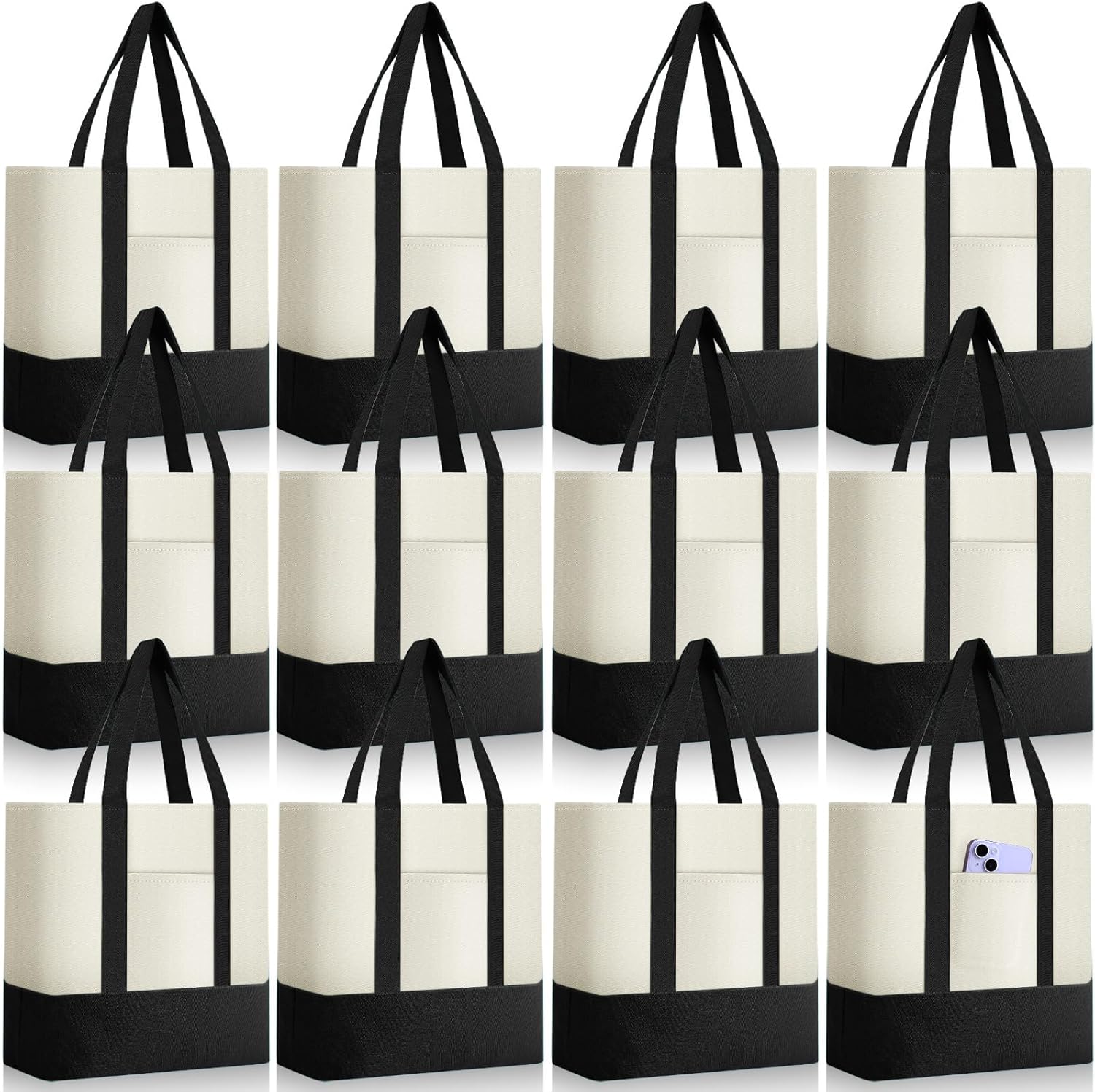 Sanwuta 6 Pcs Canvas Tote Bags Bulk with Outer Pocket Small Sublimation Blank Canvas Tote Reusable Grocery Bag for Women, DIY Craft (Black)
