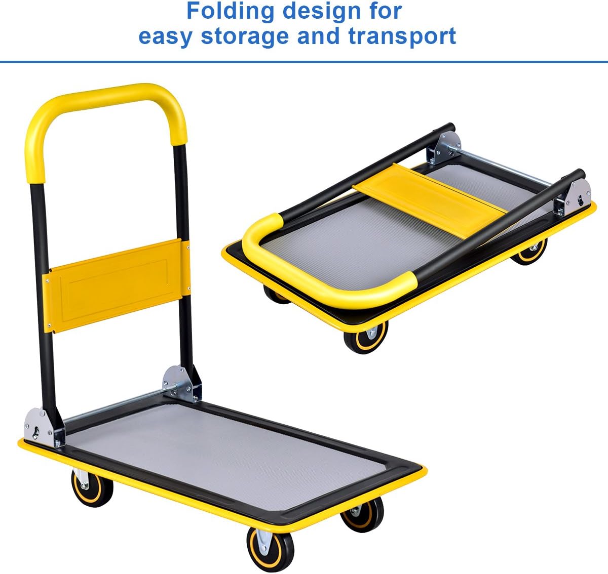 Illustration showing the Goplus Folding Platform Cart in both folded and unfolded states, demonstrating the folding mechanism.