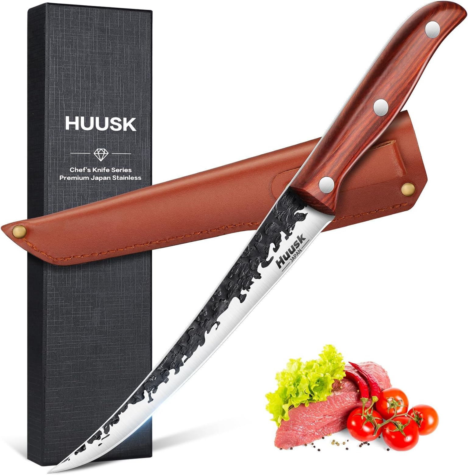 Huusk Fillet Knife for Meat Hand Forged Boning Knives 7 Inch Fish Filet Brisket Trimming Knife with Leather Sheath Japanese Butcher Knife for Fish Chincken Gift for Dad