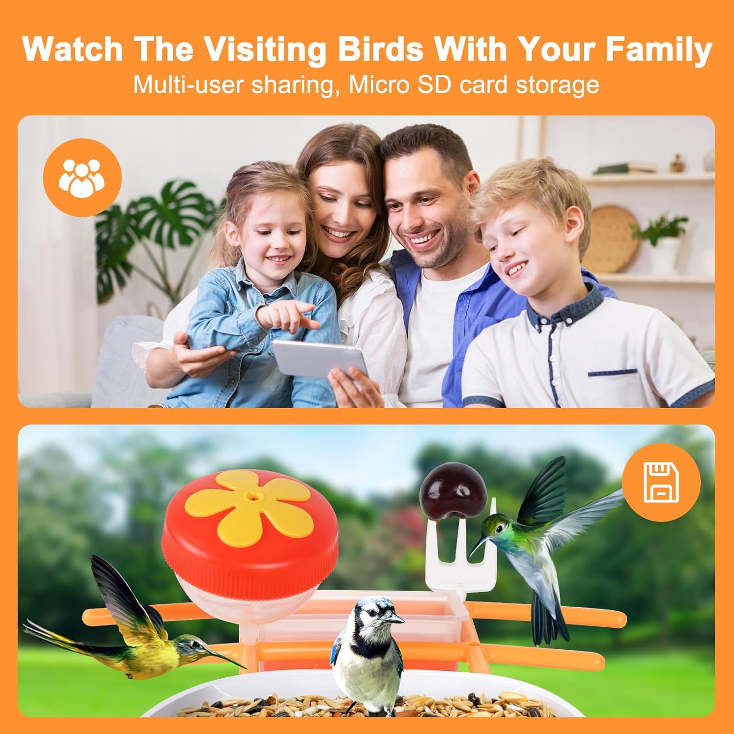 Bird Feeder with Camera,1080P HD,160° Wide Angle,AI Recognition, 1.8L Capacity 32G SD Card, Solar Powered, 50Pcs DIY Bird Stickers for Outdoor Garden
