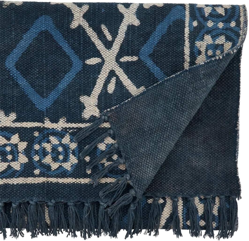 Fennco Styles Distressed Mud Cloth Tassel 100% Cotton Table Runner 16 x 72 Inch – Navy Blue Table Cover for Home Décor, Dining Table, Banquets, Holidays and Special Events